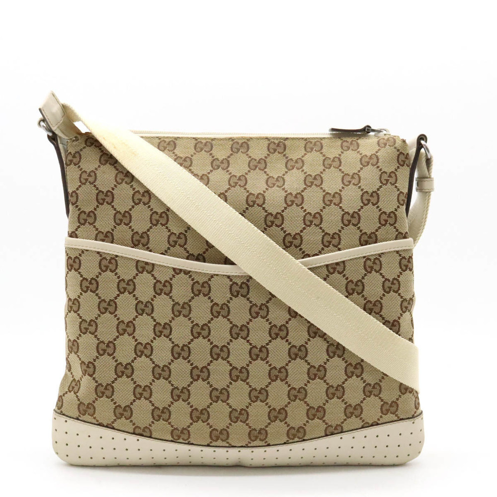 Gucci GG Crossbody Bag Punching Leather Khaki Beige White